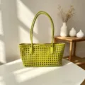 Bolso tote de cuero tejido verde para mujer, elegante bolso de hombro informal. - Verde