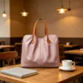 Elegante bolso de mano de cuero suave para mujer en rosa con asas marrones diario. - Rosa