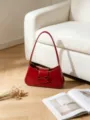 Bolso baguette rojo para mujer, elegante bolso de hombro minimalista de cuero PU con lazo. - Rojo