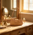 Beige baguette shoulder bag for women, chic minimalist underarm purse with cute bowknot detail. - Apricot