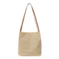 Stylish women's straw woven bucket bag with brown shoulder straps, casual summer beach tote. - Brown