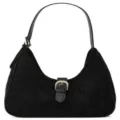 Bolso de hombro hobo de ante negro, bolso baguette informal con hebilla dorada. - Negro