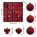 Details des roten Samt Weihnachtskugel Sets mit 24cm Box und 6cm Kugeln und Mengen. - 32-teiliges beflocktes Weihnachtsball-Set / Burgunderrot