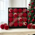Rotes Samt Weihnachtskugel Set mit Goldglitter für den Weihnachtsbaum festliche Hängedekoration - 16er Pack / Rot