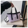 Casual simple versatile purple canvas bucket tote bag with black handles and strap. - Purple