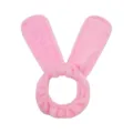 Cute pink plush bunny ear headband, soft coral fleece hair wrap for daily makeup and skincare use. - Bag Packaging / Pink