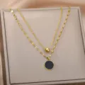 Double layer gold necklace with black round pendant minimalist jewelry chic clavicle chain - Double Layer Bead Chain Black Disc Pendant Style (N03600G) / Gold