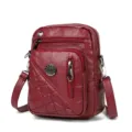 Women washed leather crossbody bag with multi zipper compartments and elegant quilted design. - Red