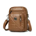 Brown washed leather crossbody phone bag with multi-layer zippers for women daily travel use. - Brown