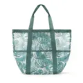 Green mesh beach bag with large capacity, tropical leaf print and multi pockets for travel. - Large Leaf