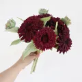 Artificial sunflower bouquet deep purple silk flower hand tied wedding home decor - 5 Flowers 3 Buds Burgundy