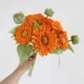Artificial orange sunflower bouquet fake silk flowers for home wedding decor 42cm long - 5 Flowers 3 Buds Orange