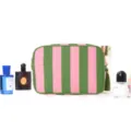 Grüner rosa gestreifter Kosmetikbeutel wasserdichte Reise Make-up Tasche mit Quaste. - Rosa Grün