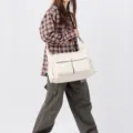 Borsa a tracolla in tela beige da donna, elegante stile retrò grande capacità borsa a spalla. - Bianco avorio