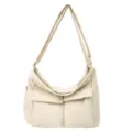Beige canvas shoulder bag, large capacity casual crossbody bag for students daily use. - Beige