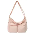 Pink puffer crossbody shoulder bag with dual front pockets, casual casual canvas style bag. - Pink