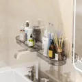 Suction cup faucet storage rack, wall-mounted bathroom organizer with hollow drainage design. - Gray
