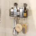 Clear suction cup bathroom shower caddy wall mounted storage shelf with hooks for shampoo - Gray