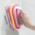 Cleaning sponge brush with handle for kitchen tile and bathroom washing, durable and thick design. - Red