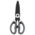 Stainless steel multi-functional kitchen scissors with safety cover, black and white handle. - Black and White