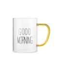 Klares Glas Kaffeetasse mit goldenem Griff und moderner Typografie für Getraenke - Gelber Griff