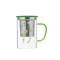 Glazen theekop met zeef, groen deksel en handvat, mooi bloemenpatroon voor kantoor. - 501-600ml / Bloem