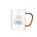 Klares Glas-Kaffeebecher mit bernsteinfarbenem Griff und Druck, ideal für Milch und Haferflocken. - Bernstein Griff
