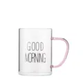 Clear glass coffee mug with pink handle and cute print for morning milk and breakfast - Pink Handle