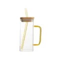 Clear square glass mug with wooden lid, amber handle and straw, aesthetic heat resistant cup. - 400ml / Yellow Handle