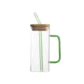 Clear square glass cup with handle and green straw heat resistant drinking mug aesthetic - 400ml / Green Handle