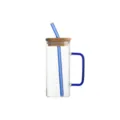 Clear square glass tumbler with blue handle straw and wooden lid for home daily use - 400ml / Blue Handle