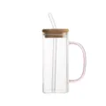 Clear square glass mug with pink handle, bamboo lid and straw for home and office use. - 400ml / Pink Handle