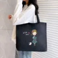 Casual black canvas tote bag for women, large capacity daily shoulder handbag with cute print. - Milk Tea Girl / Black