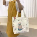 Canvas tote bag for women, large capacity shoulder bag with aesthetic illustration print. - Princess and Cat / Beige