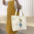 Canvas shoulder bag for women, large capacity casual tote with cute illustration and sturdy handles. - Coffee Girl