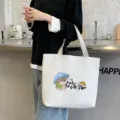 Large capacity white canvas tote bag with cute cartoon hamster print, stylish casual handbag. - White Hamster
