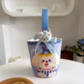 Cute cartoon canvas bucket bag, blue tote bag with plush bear pendant and bow knot decor. - Winter Cute Rabbit / Blue Handle