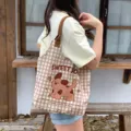 Canvas shoulder bag with cute cartoon dog print, casual plaid tote bag for daily use and school. - Warm Cute Dog