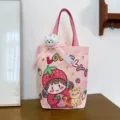 Bolsa de lona rosa bonita con patrón de chica fresa de dibujos animados para uso diario. - Chica Fresa