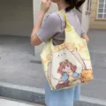 Cute cartoon canvas tote bag for women, casual yellow shoulder bag with large capacity. - Leisurely Companion
