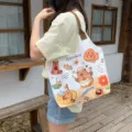 Cute capybara print canvas tote bag, large capacity casual shoulder bag for students daily use. - Happy Capybara