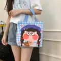 Blue plaid canvas tote bag with cute cartoon bear print, stylish and practical for daily use. - Love Girl
