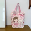 Bolso tote de lona a cuadros rosa con diseño de niña y gato de dibujos animados lindo. - Compañero Rosa Suave