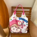 Cute cartoon canvas tote bag for women, large capacity shoulder bag with pink straps and sweet prints. - Sister Rabbit