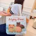 Niedliche Cartoon Bär Druck Canvas Tragetasche, lässige große Kapazität Schultertasche. - Fetter Bär / Kein Reißverschluss Keine Innentasche