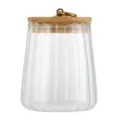 Klares Glas Vorratsglas mit Holzdeckel und Metallgriff fuer Tee und Snack Aufbewahrung. - Konische Blütenblatt-Teedose / Transparent