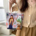 Cute hand-drawn illustration canvas handbag, casual fashion tote bag, daily commuter lunch bag. - Girl and Rabbit