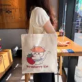 Canvas tote bag for women, cute strawberry cat print, large capacity student shoulder bag. - No Zipper No Inner Pocket Double Sided Print / Strawberry Cat