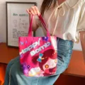 Pink cartoon canvas tote bag, cute anime girl print lunch bag for women daily commute. - Star Girl
