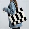 Large capacity canvas tote bag with black and white checkered pattern for students - Rectangular Grid